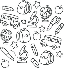 Black and white line art doodle pattern of back-to-school items: school bus, backpack, globe, microscope, pencils, and apples. Ideal for coloring pages, stationery, and educational designs