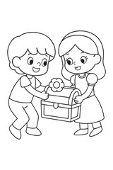Hansel and Gretel Finding Treasure Outline Vector Illustration