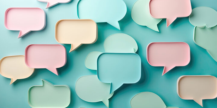 Colorful speech bubbles float against a vibrant turquoise background, symbolizing communication and discussion.