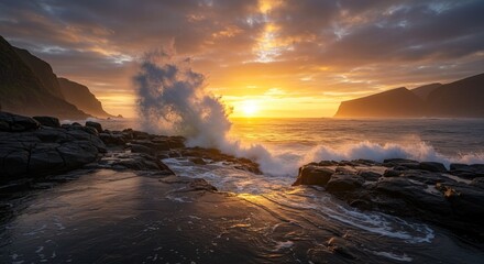 Stunning sunset over crashing waves, golden light reflecting on rocks and ocean, inspiring