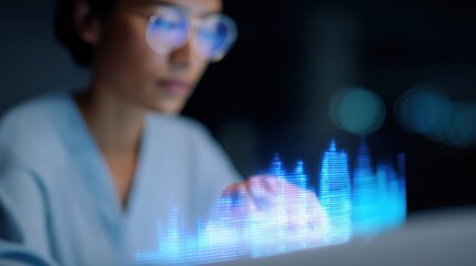 Young Professional Analyzing Data on a Laptop with Digital Graphs and Visualizations in a Dark Office Setting