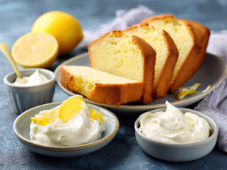 Sliced lemon pound cake with whipped cream and candied lemon