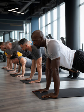 Group of men doing push-ups in modern gym