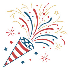 Red white and blue party popper exploding confetti and stars