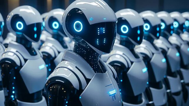 Futuristic robotic workforce with humanoid figures wearing white helmets and glowing blue lights in a clean tech setting