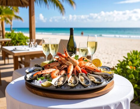 Beachside seafood platter with wine