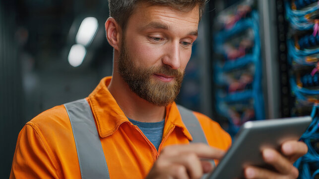 Tech Professional at Data Center: A skilled technician, focused and determined, meticulously uses a tablet to monitor server racks in a modern data center, showcasing tech expertise in action.