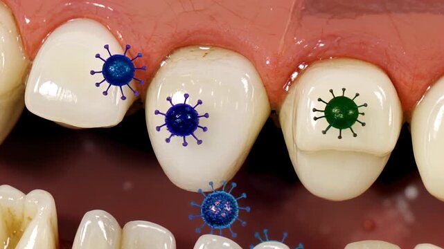 Microscopic view of harmful microbes on human teeth and gums
