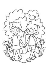 Hansel and Gretel Walking Forest Outline Vector Artwork