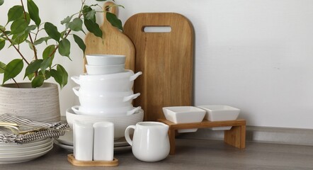 Different clean white dishware, wooden cutting boards, cutlery and houseplant on counter in kitchen, closeup