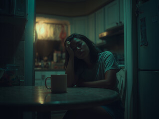 A solitary figure sitting at a small kitchen table at night, head resting on one hand, dim overhead light casting soft shadows, empty mug in front, minimal background details, cinematic low-contrast