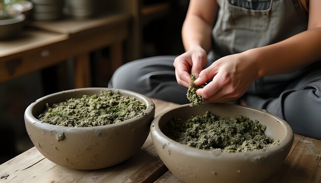 Hand Processing Dried Herbs in Ceramic Bowls