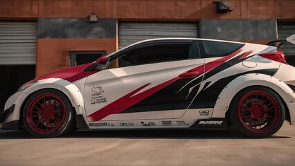 Sleek sports car with custom red and white design, showcasing a passion for automotive performance