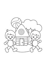 Hansel and Gretel Running From House Outline Vector Scene
