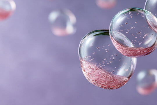 Transparent bubbles floating with pink liquid inside on a purple background - Powered by Adobe