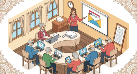 A group of elderly students in a computer literacy class learning about email from a female instructor, shown in an isometric illustration.