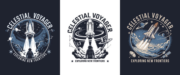 Celestial Voyager space shuttle launch illustration with astronaut and planets for sci fi adventure t shirt design