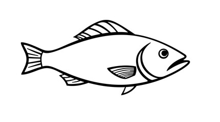 A simple black and white illustration of a fish, swimming against a white background.