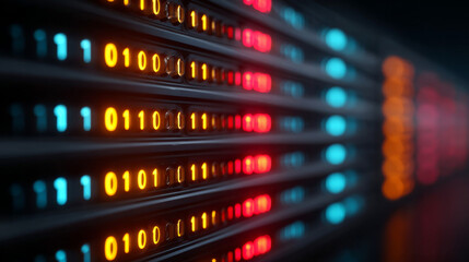 Digital World in Binary Code: This image presents an intricate digital world displayed in a binary code format. Illuminated by vibrant lights.