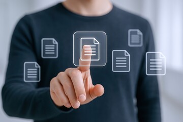 Digital Document Management Concept: Man Interacting with Virtual Files on Transparent Interface, Modern Technology