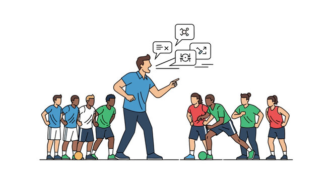 A male coach in a blue shirt explains game strategy to a diverse youth sports team, using tactical icons in speech bubbles.