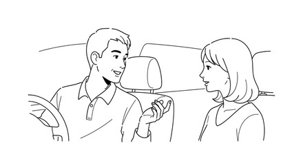 Fototapeta premium A simple black and white line art illustration of a young couple talking while sitting inside a car.