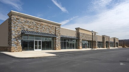 Commercial Real Estate: Modern Strip Mall Facade with Stone Accents and Ample Parking on a Sunny Day