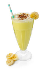 Tasty milkshake with whipped cream in glass and banana isolated on white