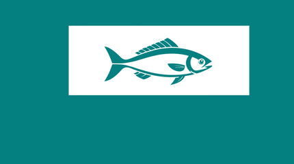 A stylized teal fish illustration on a white rectangle, set against a teal background.