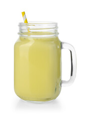 Tasty banana milkshake in mason jar isolated on white