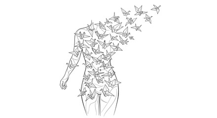 A line drawing of a human figure dissolving into a flock of flying origami paper cranes.