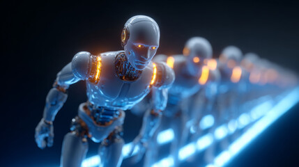 Fototapeta premium Robotic Runners of Future: A line of sleek, futuristic robots poised in a runner's stance, illuminated with glowing accents, ready to compete in a race.