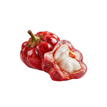 Ripe Bacuri Fruit Cut Open, Showing Creamy White Pulp Against Red Skin, Isolated on Black Background