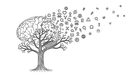 A conceptual drawing of a tree with a human brain, its thoughts and ideas dissolving into various icons and symbols.