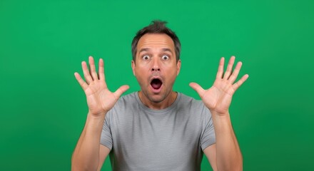 Man exhibiting shock, raising hands against a stark emerald backdrop