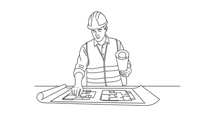 Architect Reviewing Building Plans in Outline Style