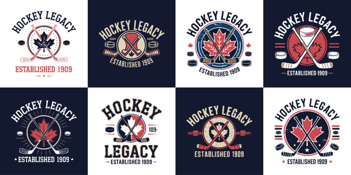 Vintage Hockey Legacy emblem set with maple leaf sticks and pucks for Canadian sports branding and t shirt design