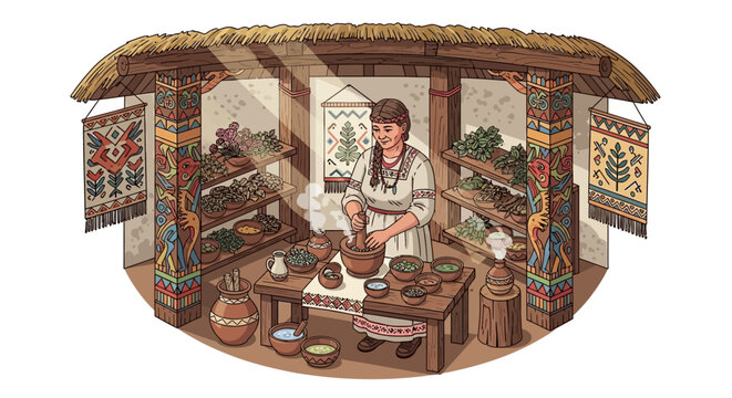 Ancient Woman Grinding Herbs in Traditional Herbalist's Workshop