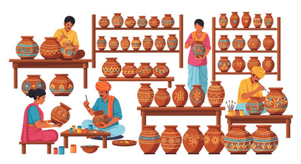 Artisans meticulously painting traditional terracotta pottery with intricate designs