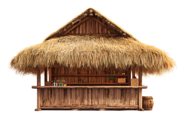  A simple tiki bar with a thatched roof and wooden exterior, on a white background