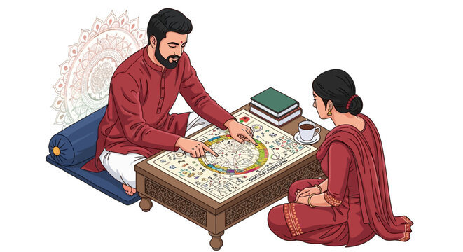 Astrologer Consulting Client with Detailed Zodiac Chart and Tea