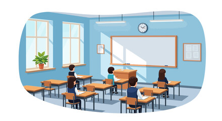 Bright, sunlit school classroom with students in uniform writing at their wooden desks.