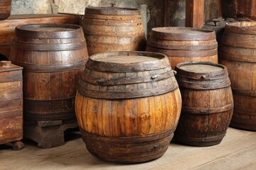 Fototapeta premium Aged wooden barrels in a cellar