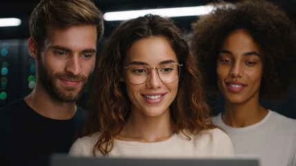 Tech Team's Focus: Three diverse colleagues intently observe a laptop screen, immersed in a technological project, creating a portrait of collaboration, innovation, and shared dedication.