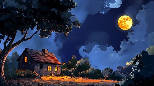 Whimsical painting of a rural cottage nestled in a forest under a vibrant full moon with glowing window lights and cloudy night sky.