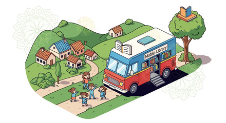 Naklejka premium Cartoon illustration of a mobile library van visiting a small village with excited children.