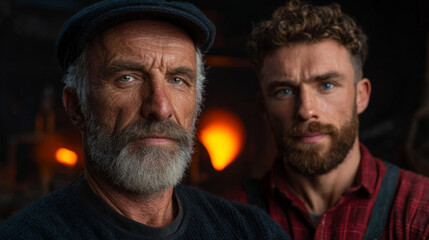 Obraz premium Artisan Legacy: A seasoned artisan and his apprentice stand side-by-side, their determined gaze reflecting dedication and craftsmanship.