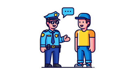 Cartoon police officer in uniform talking to a civilian