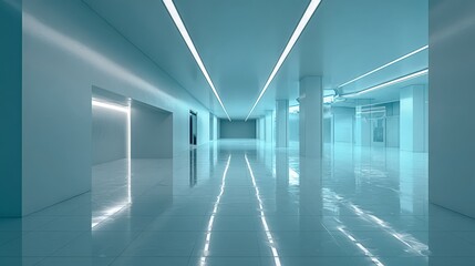 Fototapeta premium Modern Minimalist White Hallway with Clean Lines and Reflected Light, Featuring Futuristic Interior Design