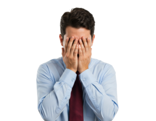 Businessman covering face in frustration png isolated on transparent background